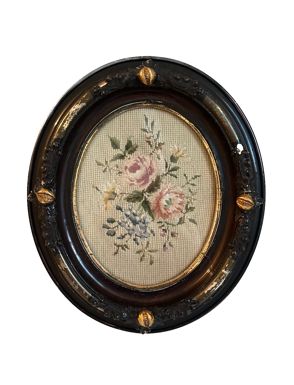 Antique Rose Needlepoint in Ornate Oval Wood Frame