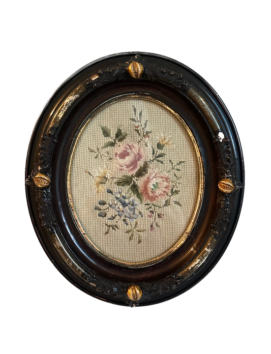 Antique Rose Needlepoint in Ornate Oval Wood Frame