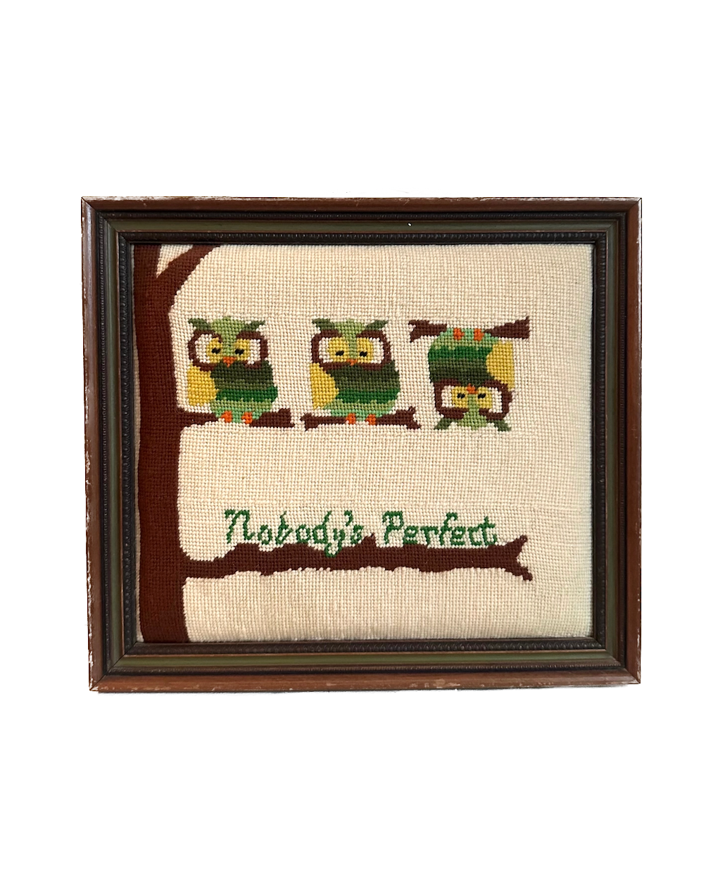 Vintage “Nobody’s Perfect” Owl Needlepoint in Wood Frame