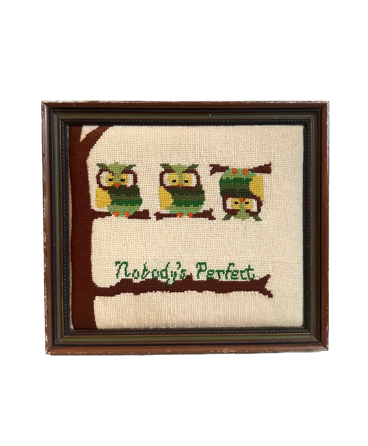 Vintage “Nobody’s Perfect” Owl Needlepoint in Wood Frame