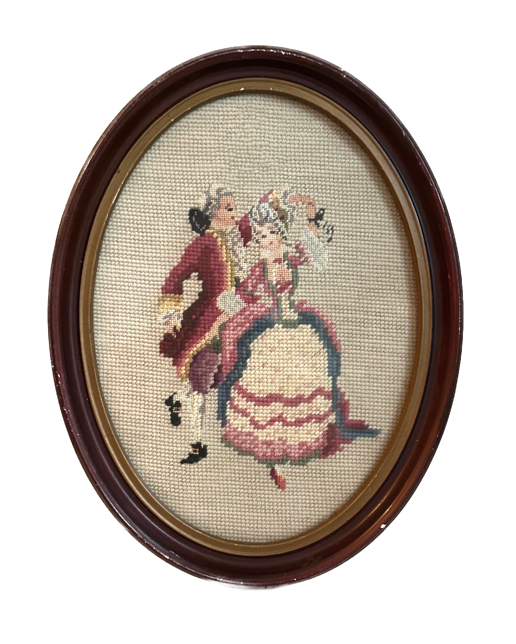 Vintage Dancing Couple Needlepoint in Oval Wood Frame