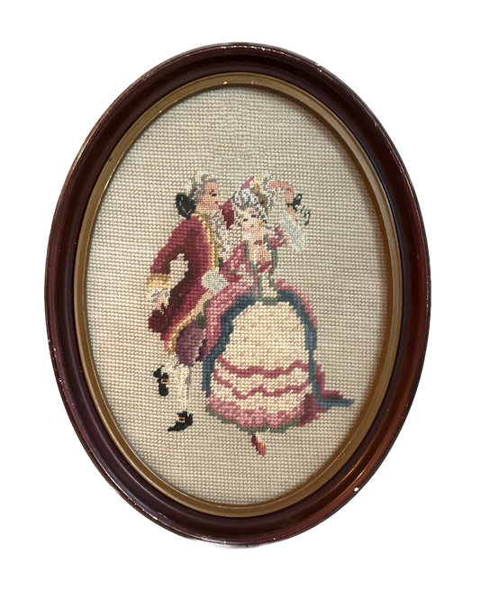 Vintage Dancing Couple Needlepoint in Oval Wood Frame