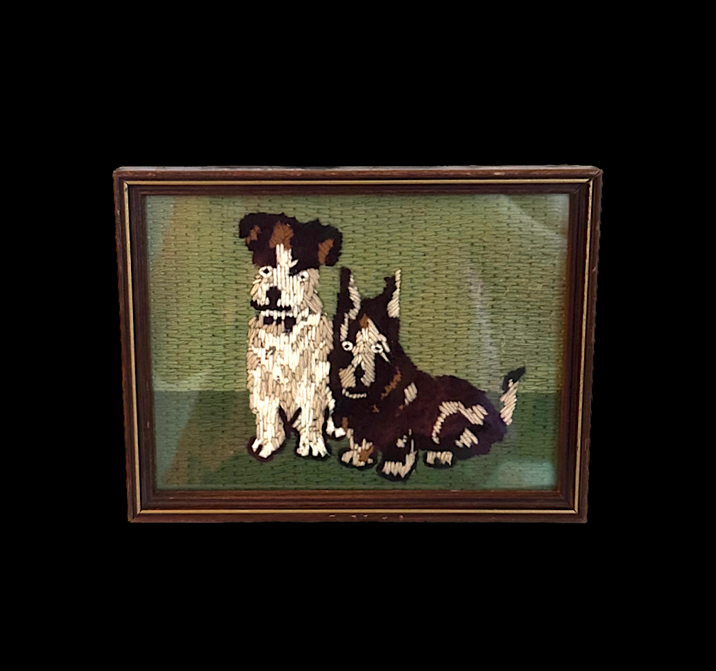 Antique Two Terrier Dogs Needlepoint in Wood Frame