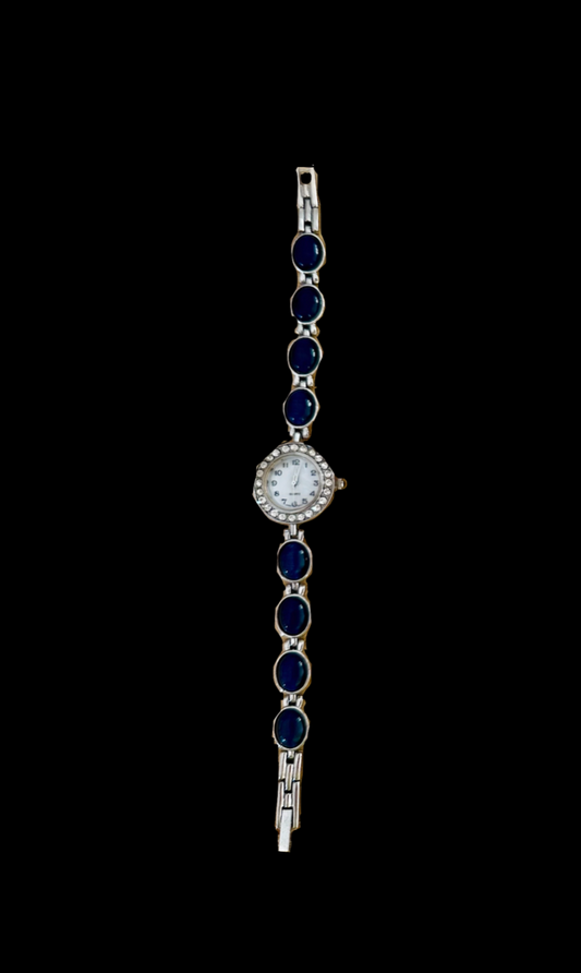 Vintage Sapphire Blue Cabochon & Rhinestone Watch