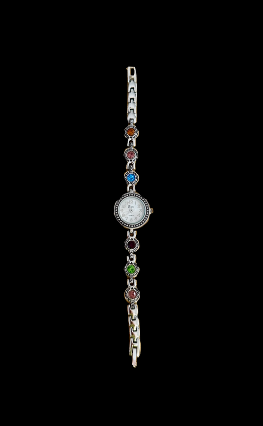 Vintage Multicolor Rhinestone & Silver Tone Bracelet Watch