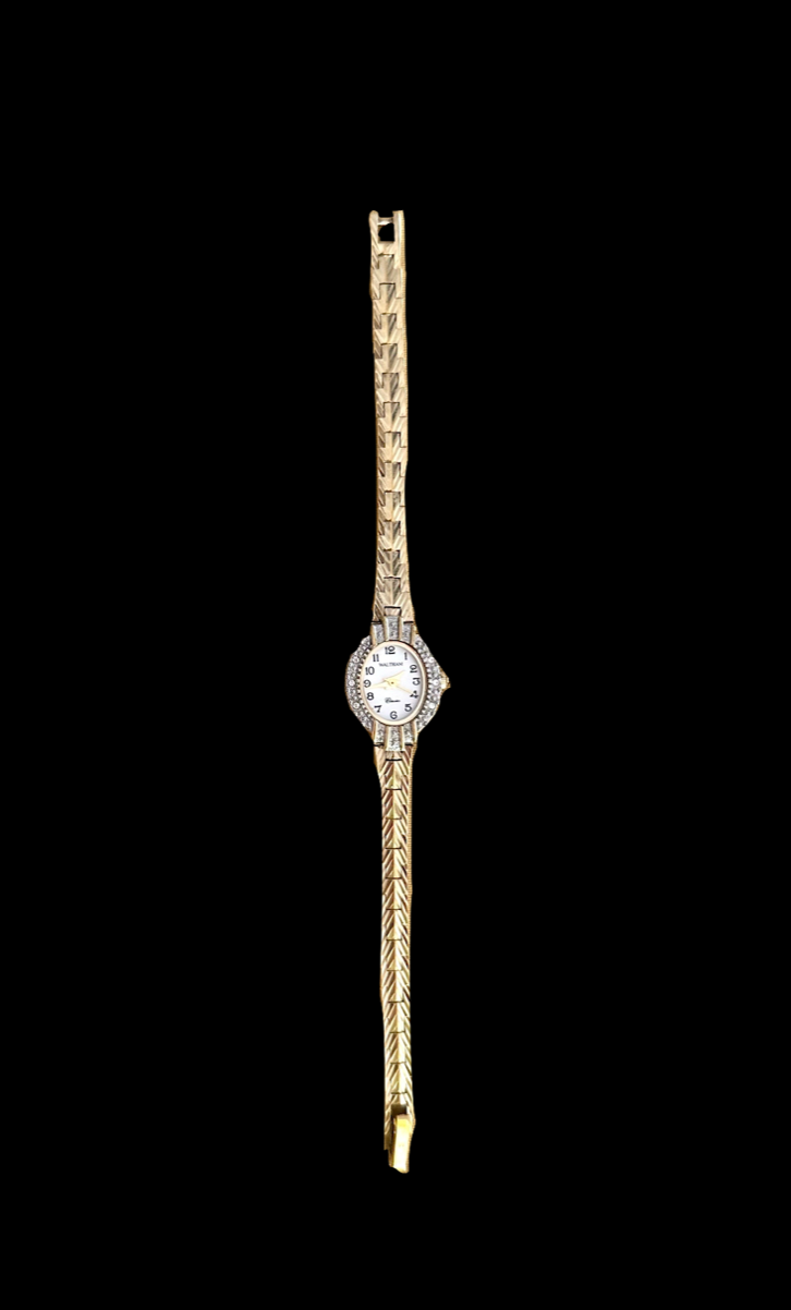 Vintage Gold Tone Engraved Chevron & Rhinestone Oval Bracelet Watch