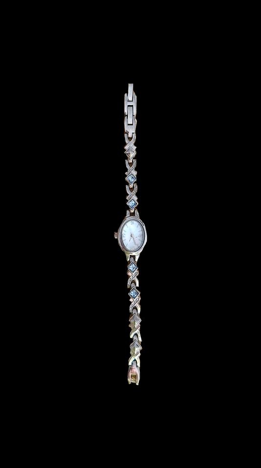 Vintage Silver Tone Blue Rhinestone Oval Watch