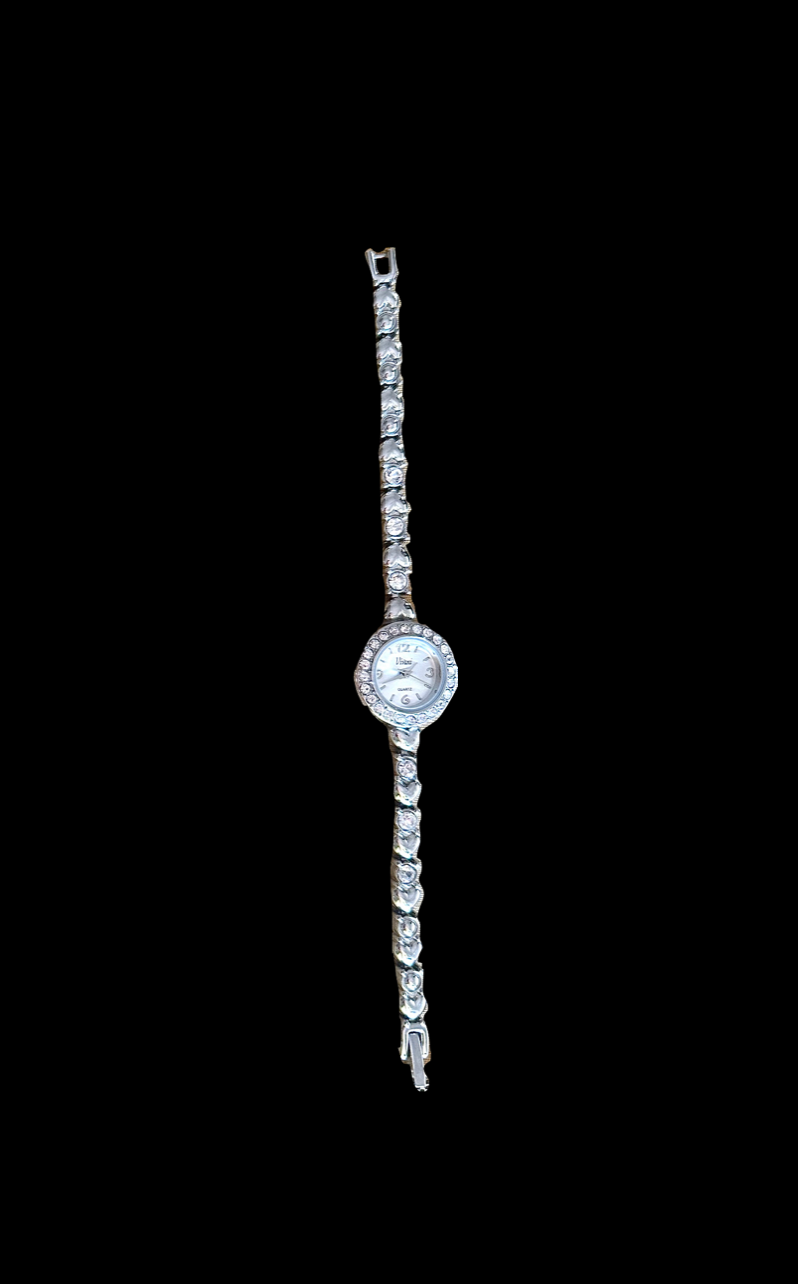 Vintage Silver Tone Heart Link & Rhinestone Watch