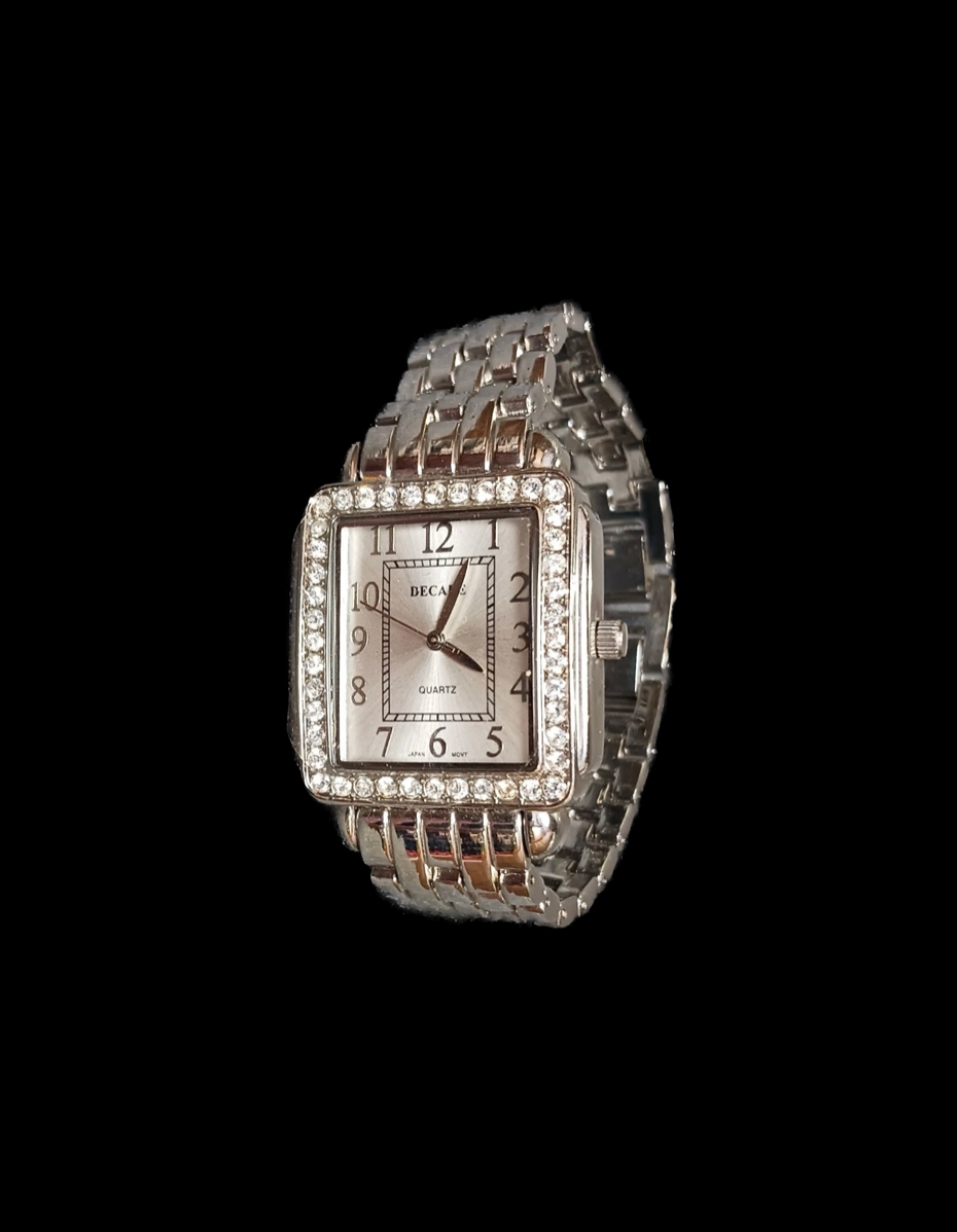 Vintage Silver Tone Square Rhinestone Bezel Watch