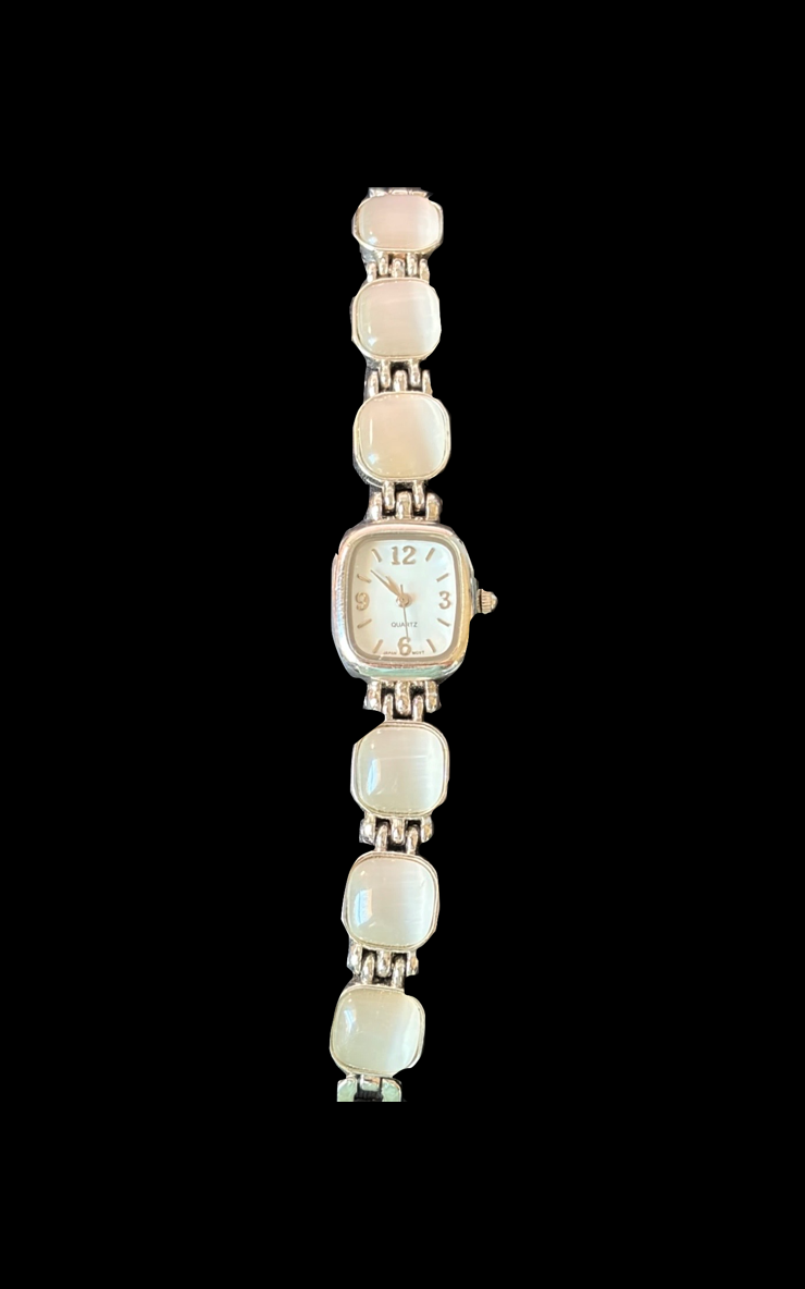Vintage Ivory Cabochon & Silver Tone Square Face Watch