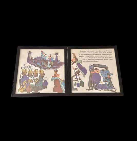 "The Haunted Mansion" Pair of Vintage Framed Book Pages "Grim Grinning Ghosts Love to Socialize"