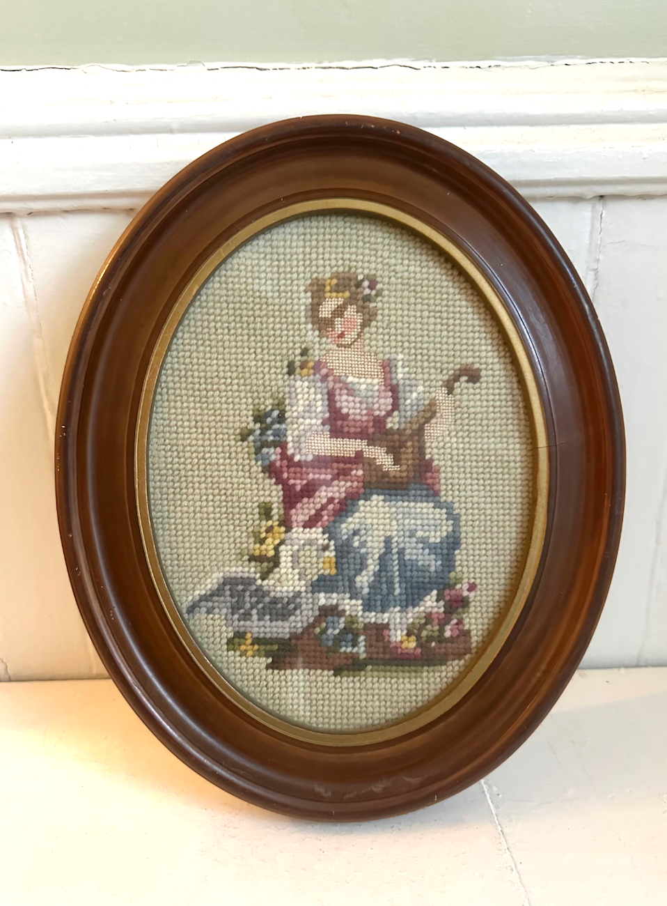 Vintage Girl Playing Mandolin with Swan Framed Needlepoint