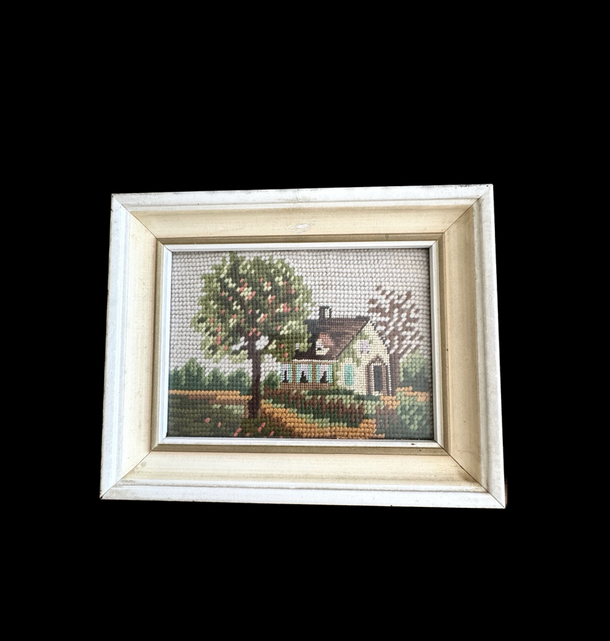 Vintage Cottage House Needlepoint in White Wood Frame