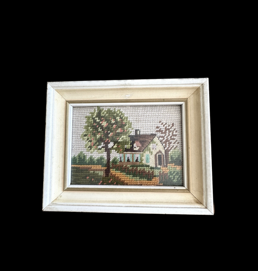 Vintage Cottage House Needlepoint in White Wood Frame