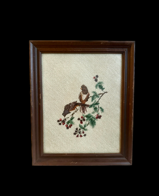Vintage Perched Birds with Berries Framed Needlepoint