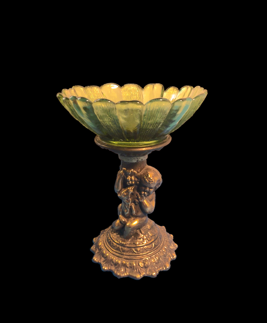Vintage Brass Cherub Glass Pedestal Dish