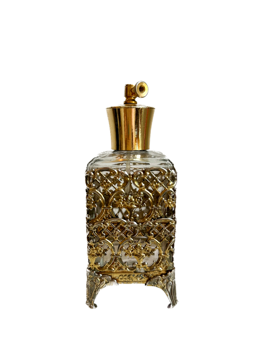 Vintage Perfume Bottle with Ornate Brass Filigree Cage