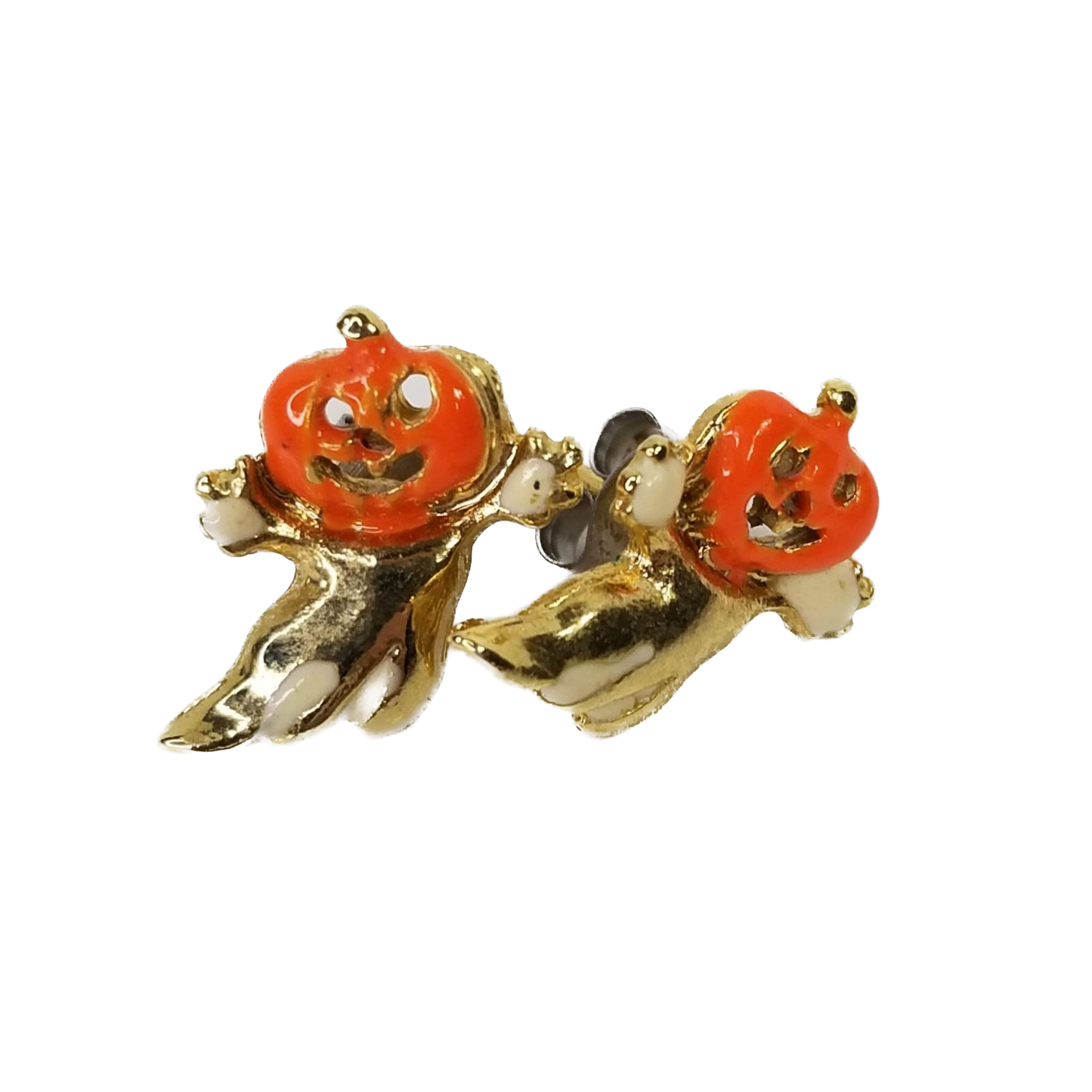 Vintage Gold Enamel Pumpkin Ghost Earrings