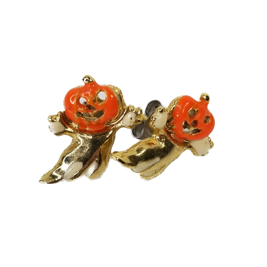 Vintage Gold Enamel Pumpkin Ghost Earrings