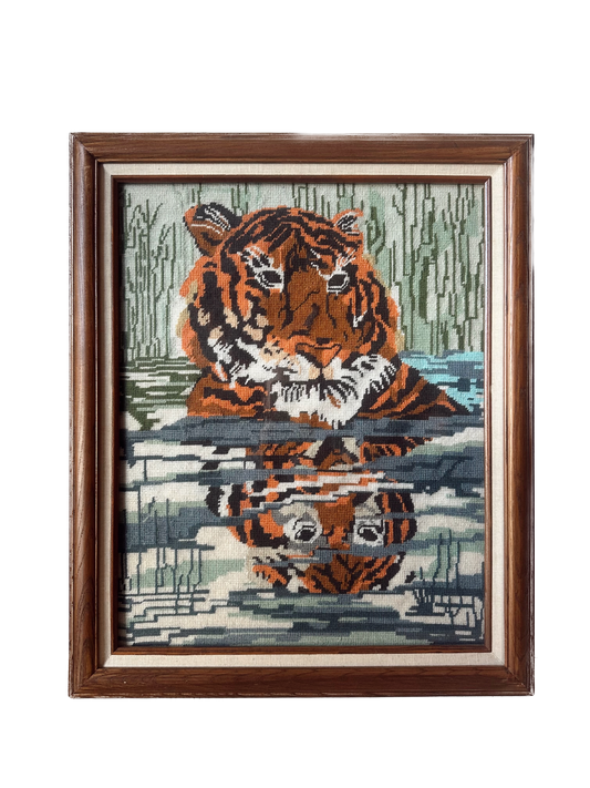 Vintage Tiger Reflection Framed Needlepoint