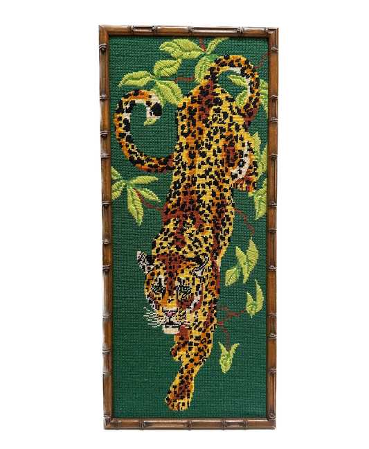 Vintage Leopard Needlepoint in Brown Bamboo Frame