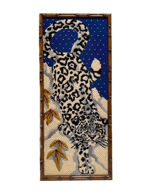 Vintage Snow Leopard Needlepoint in Brown Bamboo Frame