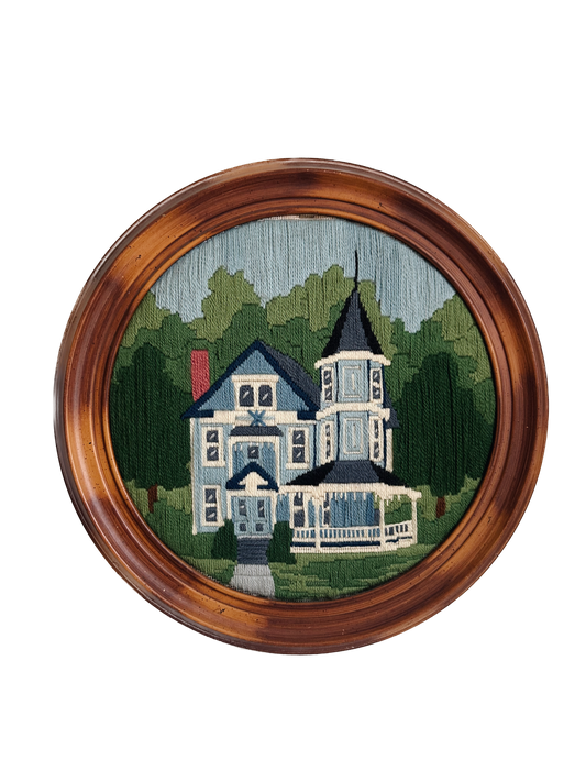 Vintage Victorian Witches Haunted House Framed Needlepoint
