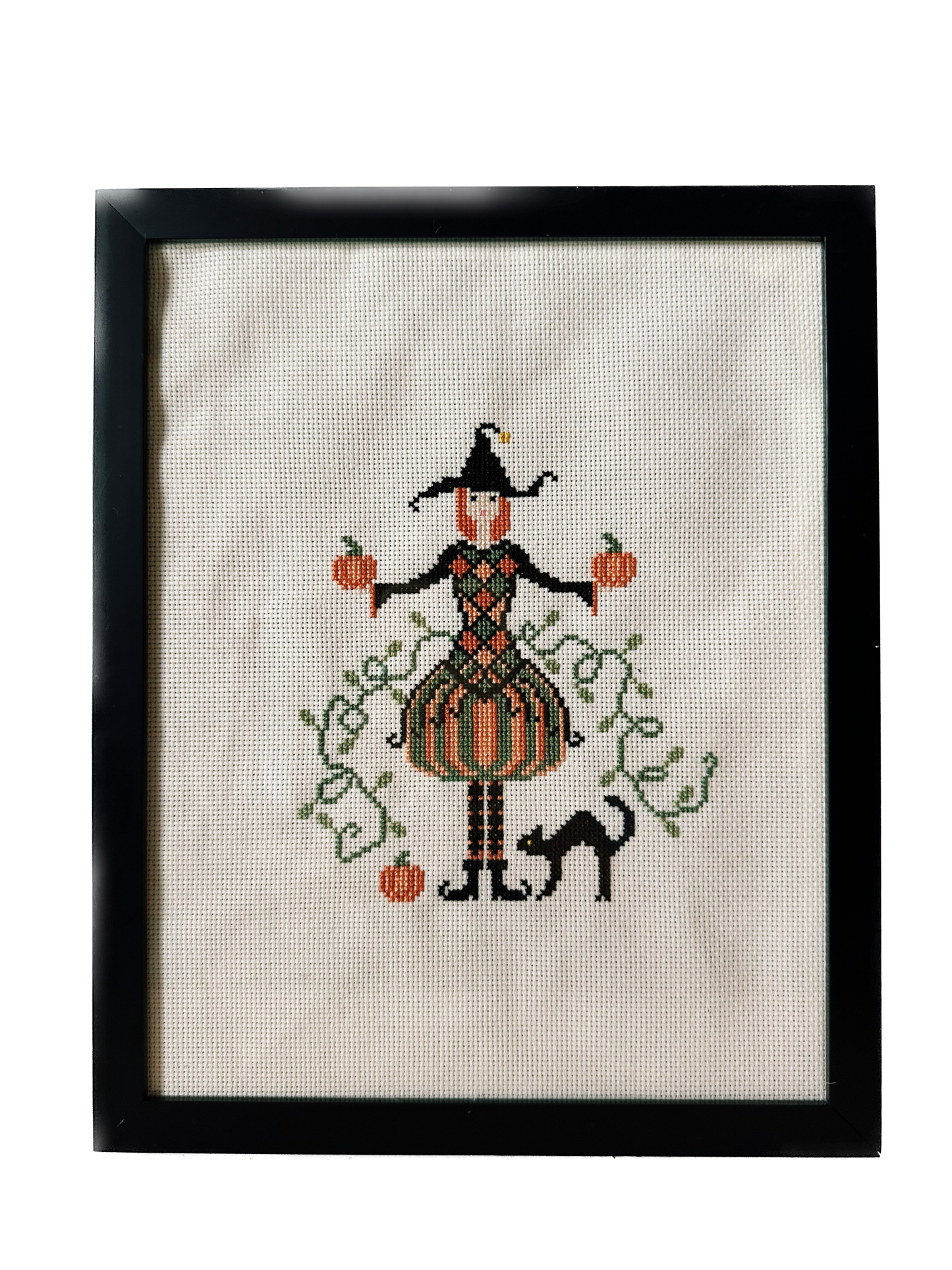 Vintage Halloween Witch with Black Cat Framed Needlepoint