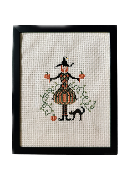 Vintage Halloween Witch with Black Cat Framed Needlepoint