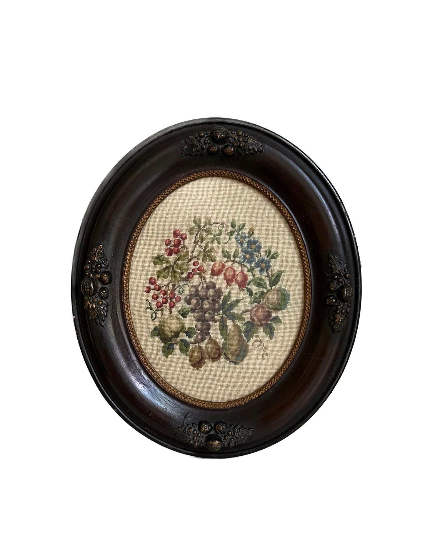 Vintage Fruit Still Life Needlepoint in Wooden Frame