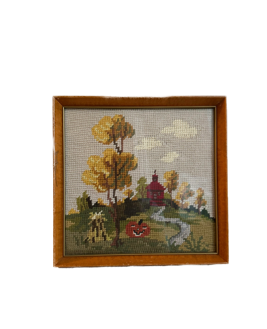 Vintage Framed Fall Needlepoint with Jack-o’-Lantern – Autumn Farmhouse Decor