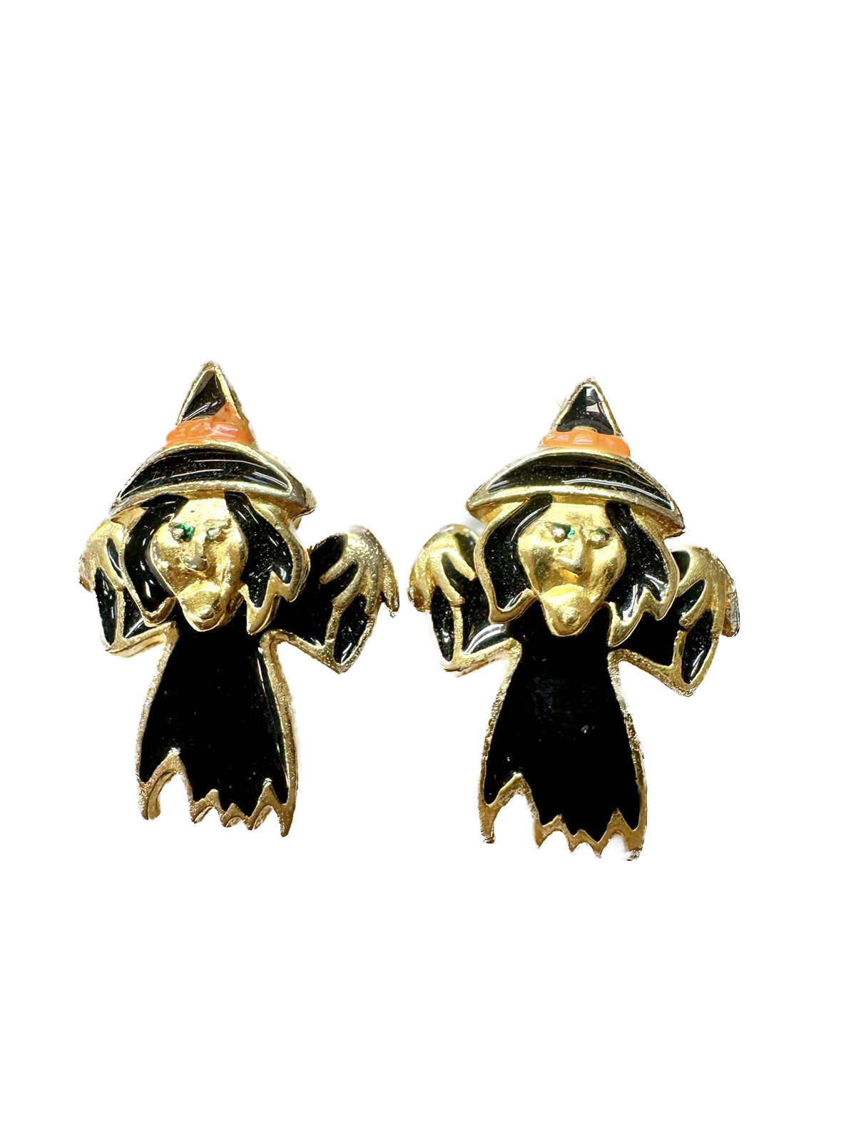 Vintage Gold Tone Enamel Witch Earrings