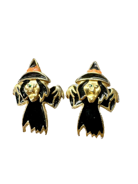 Vintage Gold Tone Enamel Witch Earrings