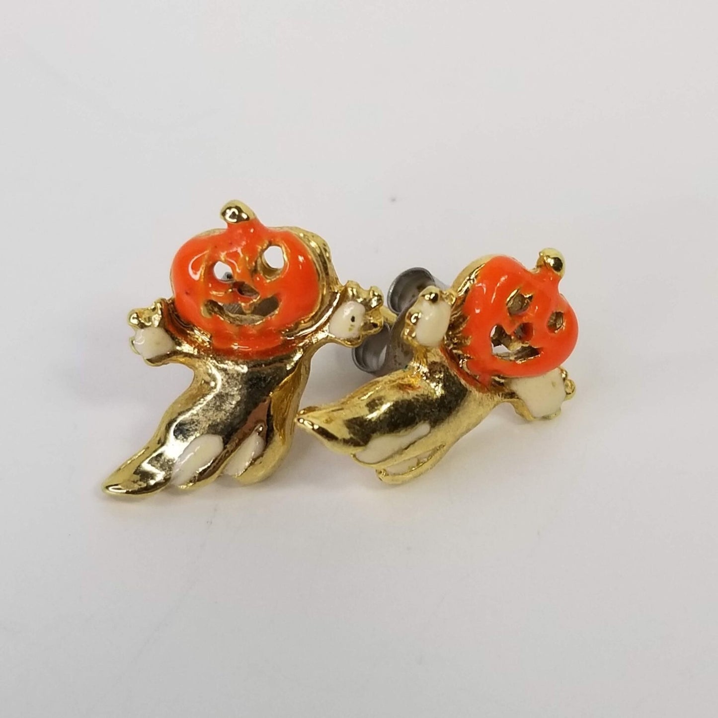 Vintage Gold Enamel Pumpkin Ghost Earrings